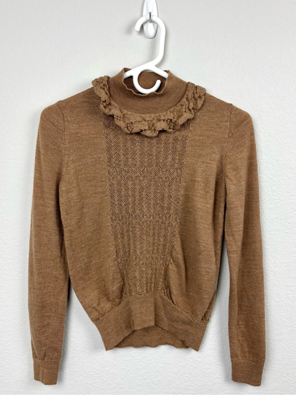 J.Crew Camel Brown Ruffle Mock Neck Pullover Sweater Size XS Preppy Country Club